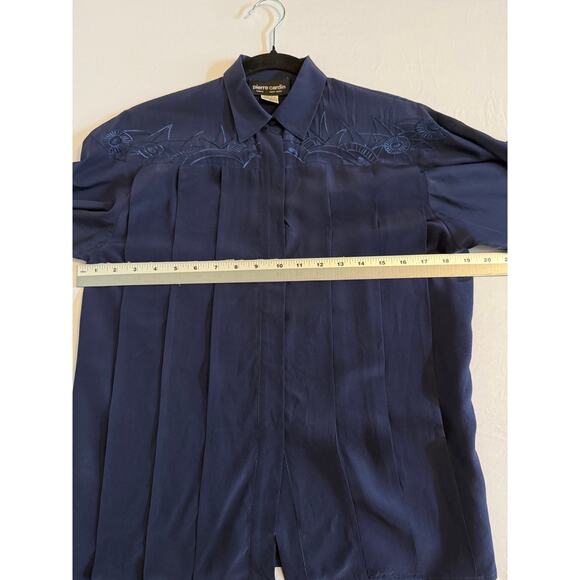 Pierre Cardin Women's 6 Embroidered Floral 100% Silk Pintuck Button Navy Blouse - Picture 5 of 7